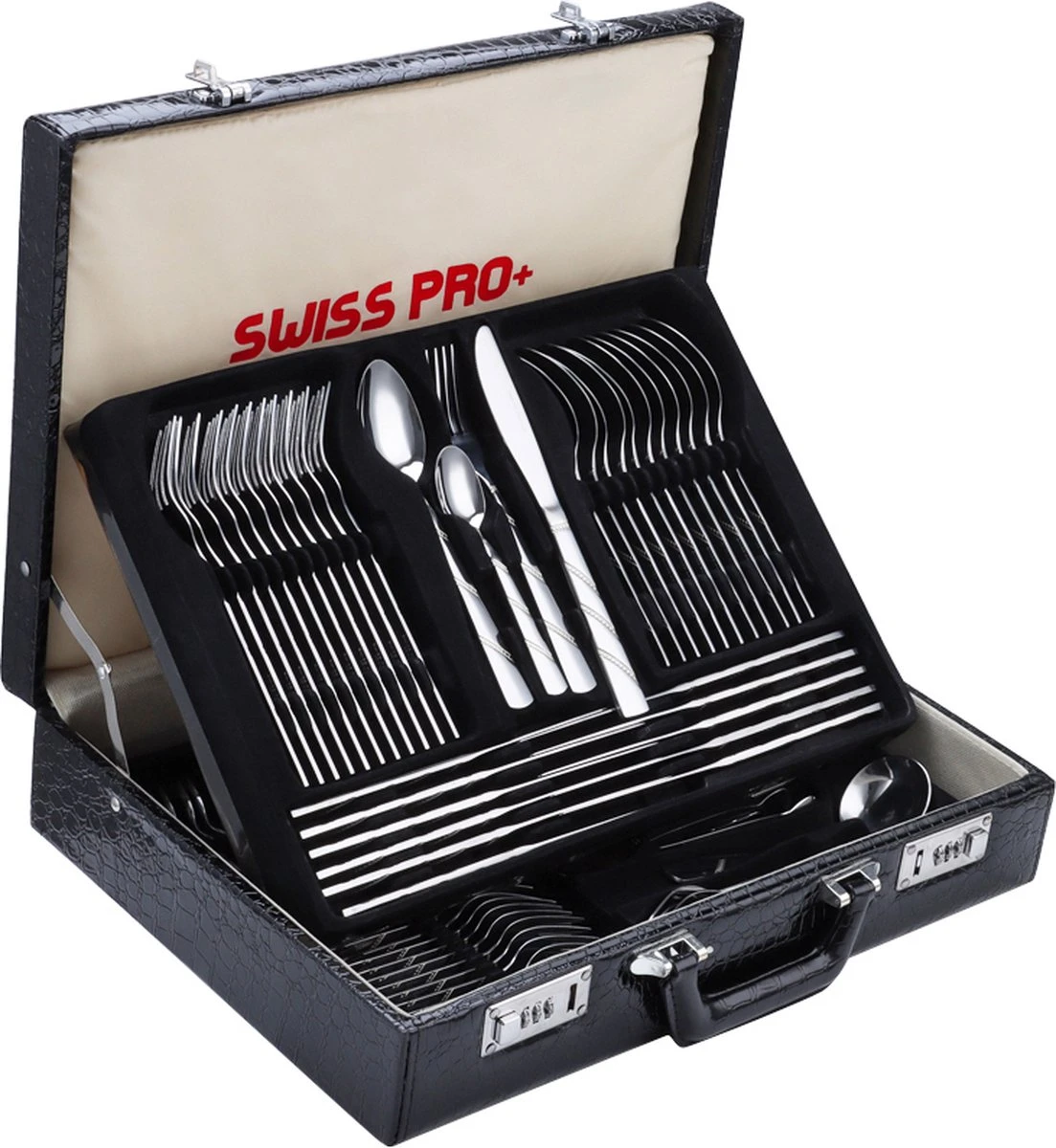 Swiss Pro+ Bestekset In Koffer-72 Delig-12 Persoons-Zwitsers Kwaliteit-Complete Set-100% Roestvrijstaal-Modern 3 Swiss Pro+ Bestekset In Koffer-72 Delig-12 Persoons-Zwitsers Kwaliteit-Complete Set-100% Roestvrijstaal-Modern