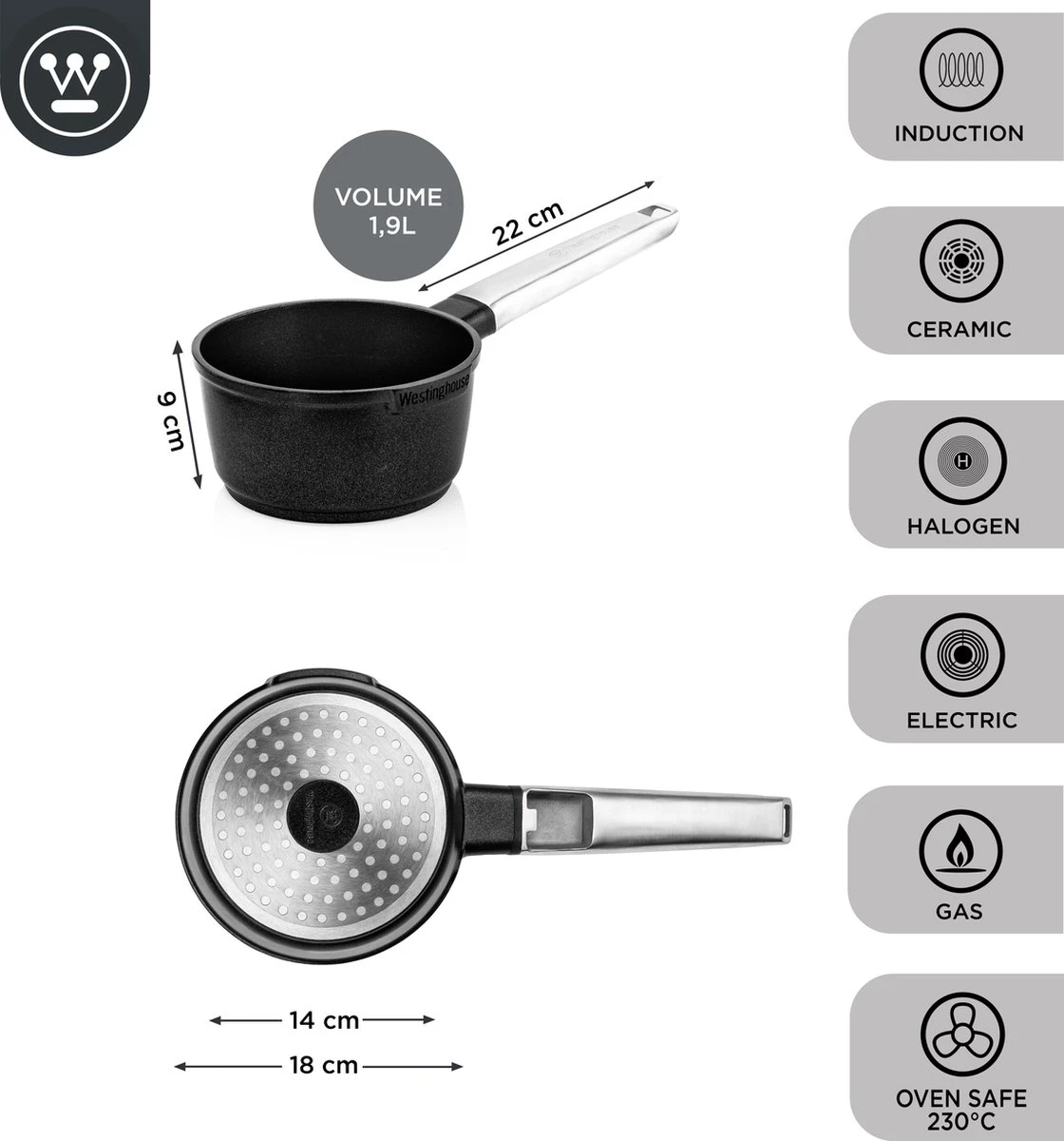 Westinghouse Performance Series - Steelpan Inductie 18cm - Zwart - Geschikt Voor Alle Warmtebronnen Inclusief Inductie En Ovenbestendig - Sauspan 5 Westinghouse Performance Series - Steelpan Inductie 18cm - Zwart - Geschikt Voor Alle Warmtebronnen Inclusief Inductie En Ovenbestendig - Sauspan - Afbeelding 3