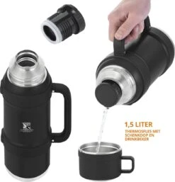 MacGyver RVS Thermoskan 1.5 Ltr – RVS Thermosbeker 0,55 Ltr - Langdurig Warm/koud - Zwart -Woonkeuken Winkel 1154x1200