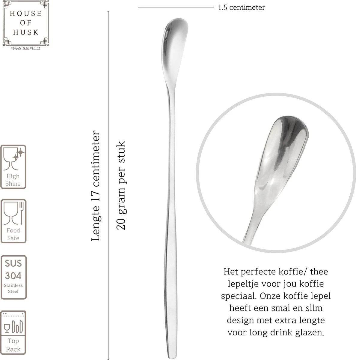 House Of Husk Latte Macchiato Lepels Set - Lange Theelepels - Koffielepels - Longdrinklepels - Barlepel - RVS - 6 Stuks - 17CM - Zilver 4 House Of Husk Latte Macchiato Lepels Set - Lange Theelepels - Koffielepels - Longdrinklepels - Barlepel - RVS - 6 Stuks - 17CM - Zilver - Afbeelding 2