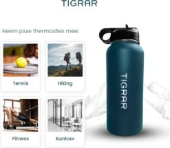 Tigrar - Waterfles - Drinkfles - Thermosfles 1 Liter Dubbelwandig - RVS - (Staal) Blauw - Incl. Extra Dop 3 Rietjes En Reiniger -Woonkeuken Winkel 1200x1044 1