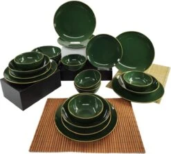 Keremika Serviesset 24 Delig 6 Persoons - Bordenset - Dinerborden - Aardewerk - Groen Met Goude Randen -Woonkeuken Winkel 1200x1082 5