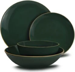 Keremika Serviesset 24 Delig 6 Persoons - Bordenset - Dinerborden - Aardewerk - Groen Met Goude Randen -Woonkeuken Winkel 1200x1149 3
