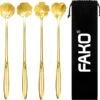 Fako Bijoux® - 4 Lange Lepels Bloem Motief - Latte Macchiato - Longdrink - Cocktail - Dessert - IJs - Koffie - Goud - 4 Stuks - Bewaarzakje -Woonkeuken Winkel 1200x1158