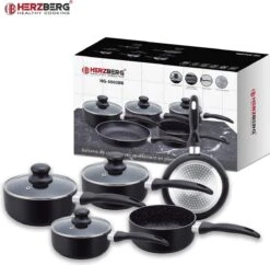 Herzberg HG-5003BK: 8 Pieces Marble Cookware Set - Black -Woonkeuken Winkel 1200x1175