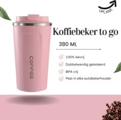 Thermosbeker - Koffiebeker To Go - Travel Mug - Dubbelwandig, RVS & Lekvrij - Thermosbeker Koffie - 380 ML – Roze -Woonkeuken Winkel 1200x1184 4