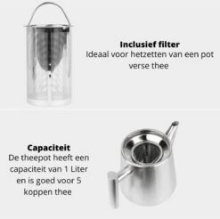 Castagnola Theepot Met Filter – Theekan – Theepot Dubbelwandig – Theepot Roestvrijstaal – Hoogwaardig RVS – 1 Liter – 5 Kopjes Thee – Zilver 13 Castagnola Theepot Met Filter – Theekan – Theepot Dubbelwandig – Theepot Roestvrijstaal – Hoogwaardig RVS – 1 Liter – 5 Kopjes Thee – Zilver -Woonkeuken Winkel 1200x1195 26