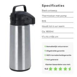 Cheqo® Thermos Pomp - 1.8L Roestvrij Staal - Isoleerkan Met Pomp - Thermoskan Met Pomp - Zwarte Dop & Handvat - Houdt 6 Uur Warm - 1800ml - Afmeting 17x14x36cm -Woonkeuken Winkel 1200x1200 1028