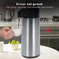 Cheqo® Thermos Pomp - 1.8L Roestvrij Staal - Isoleerkan Met Pomp - Thermoskan Met Pomp - Zwarte Dop & Handvat - Houdt 6 Uur Warm - 1800ml - Afmeting 17x14x36cm -Woonkeuken Winkel 1200x1200 1029