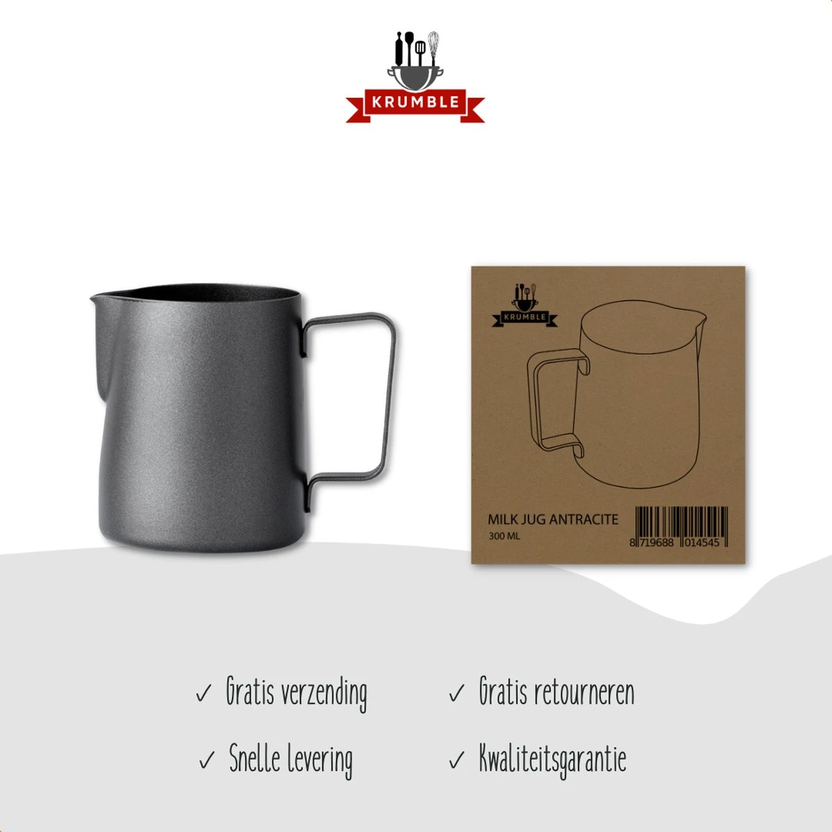 Krumble Melkkannetje 300ml / RVS Melkopschuimkan / Melkkan / Antraciet - Zwart 9 Krumble Melkkannetje 300ml / RVS Melkopschuimkan / Melkkan / Antraciet - Zwart - Afbeelding 7