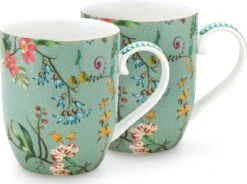 Pip Studio Jolie - Set 2 Tassen Flowers - Small 145ml - Mokken Klein - Bloemen - Groen