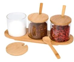 Suikerpot Met Deksel - Suikerbus - Vooraadpotten Glas En Hout - Voro Serveren Koffie & Thee - Set Van 3