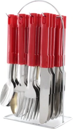 Bestekset Rood - 24 Delig- Met Bestekrek - 6 Persoons - RVS - Lepel - Mes - Vork